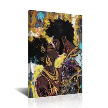 Imagem de CXHOSTENT Arte de parede de rei e rainha africano casal preto grafite impressão em tela pintura amor afro-americano arte preta pôster de parede para decoração de quarto emoldurado (ouro, 45 cm C x 30