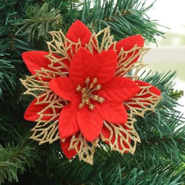 Imagem de YESKY Flores de poinsétia para árvore de Natal, 12 peças de flores de Natal com glitter, flores artificiais de poinsétia com clipes, hastes, enfeites de árvore de Natal para decoração de guirlanda de