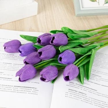 Imagem de Kit 10 Tulipas Artificiais de Látex PU – Buquê de Toque Real 34cm com 5 Flores por Haste para Decoração de Casamento, Casa e Eventos (Cores Diversas)(Roxo escuro (10 peças))