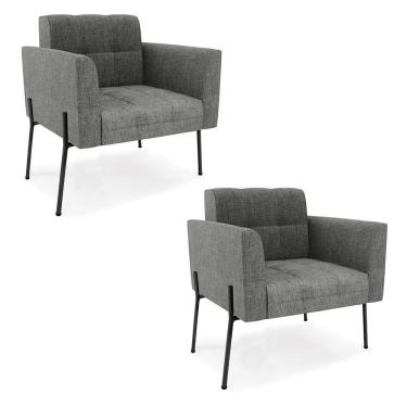 Imagem de Poltrona Pé De Ferro Preto Para Sala Kit 2 Elisa Linho Grafite A26 D03 - D'rossi