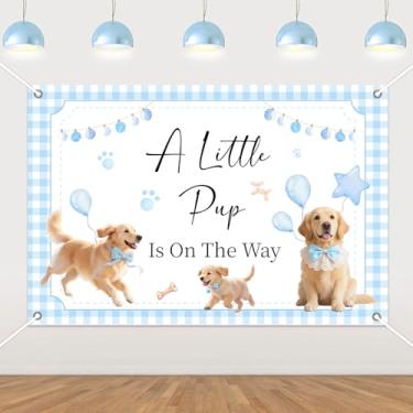 Imagem de Pano de fundo para chá de bebê de 1,5 x 1 m azul A Little Pup Is On The Way Fundo fotográfico para meninos, guingão, Golden Retriever, decoração de revelação de gênero, fofo, cachorrinho, cachorrinho