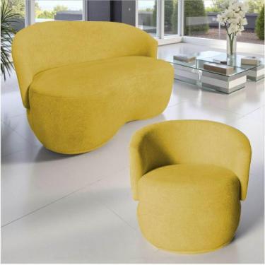 Imagem de Kit Namoradeira + Poltrona Decorativa Beatriz Orgânica Couro Amarelo -
