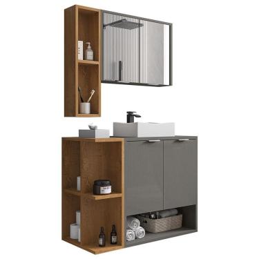 Imagem de Gabinete Banheiro Ibiza 2 Portas Cuba E Armario Espelheira Titanium naturale