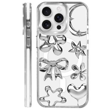 Imagem de MQJCYB Capa magnética para iPhone 15 Pro com design em base transparente, compatível com MagSafe, capa protetora fina de TPU macio para celular feminina e meninas, imitação de laço de flor de metal