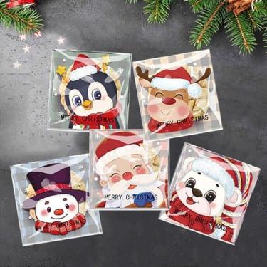 Imagem de 100 peças 5 x 4 sacos autoadesivos de celofane de Natal, 5 designs festivos para doces, rosquinhas, chocolate, biscoitos - Perfeito para lembrancinhas de festas de fim de ano e embalagem de presente