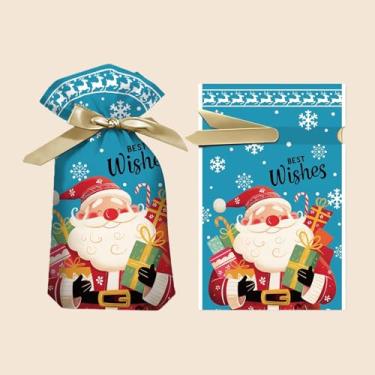 Imagem de 50 peças de sacos de presente de fita de Natal com cordão, padrões sortidos de Papai Noel, sacos de embalagem de biscoitos doces para presente de Natal e lembrancinhas de festa
