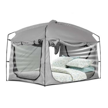 Imagem de Barraca de cama, dossel portátil para cama de dormir, blackout 90% cortinas para crianças e adultos, barraca de espaço interno de tamanho duplo com janelas de malha grandes respiráveis