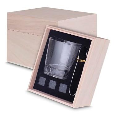Imagem de Kit Whisky Premium: Copo para Whisky + 3 Cubos de Pedra-Sabão, Pegador de Gelo e Caixa de Madeira para Presente