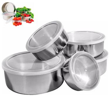 Imagem de Jogo 5 Potes Inox com Tampa Marmita Conjunto Vasilha Empilhavel Refeiçao Alimento Organizaçao Armazenamento