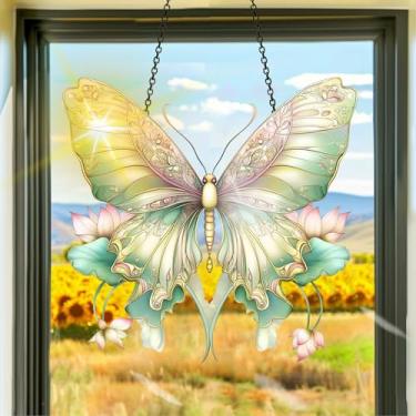 Imagem de Apanhador solar de acrílico colorido, decoração de janela suspensa de mariposa, arte de parede de arco-íris, para quarto, varanda, interior e exterior, jardim, enfeites de Natal, decoração 19 x 19 cm