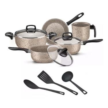 Imagem de Jogo De Panelas 8 Peças Teflon Antiaderente C Tampa De Vidro(Preto e Bege)