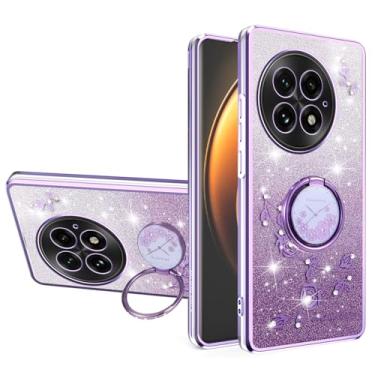 Imagem de MRRSIWEI Capa para OnePlus 13R / 1+13R para mulheres e meninas, capa à prova de choque com flores brilhantes e brilhantes com suporte de anel para OnePlus 13R. Flores roxas