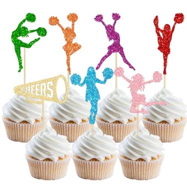 Imagem de Gyufise Pacote com 28 topos de cupcake para líderes de torcida coloridos glitter silhueta palitos de dente ginasta menina palitos de bolo decorações para tema de ginasta chá de bebê suprimentos de lembrancinhas de festa de aniversário