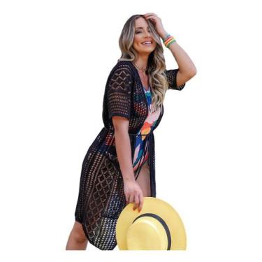 Imagem de Saída Praia Longa Manga 3/4 Canga Kimono Verão Moda - EUC STORE, Preto