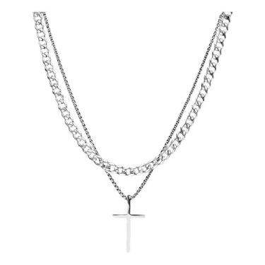 Imagem de Colar Masculino Duplo Aço Inoxidável 60cm Grumet 1x1 + Veneziana Arredondada com Pingente Cruz Palito – Design Moderno, Fé e Estilo em Uma Só Peça