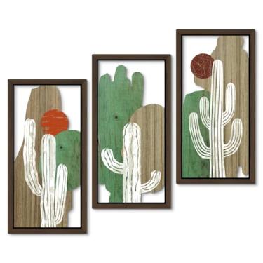 Imagem de Putuo Decor Conjunto de 3 arte de parede Boho Cactus, arte abstrata de planta do deserto com sol e textura de madeira, decoração de parede MDF moderna de meados do século para quarto, sala de estar