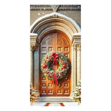Imagem de BlissYard Capa de porta de Natal, decoração de guirlanda tradicional, 89 x 189 cm para porta da frente, Feliz Natal, grandes portas, faixa de boas-vindas, placa, decoração clássica para ambientes