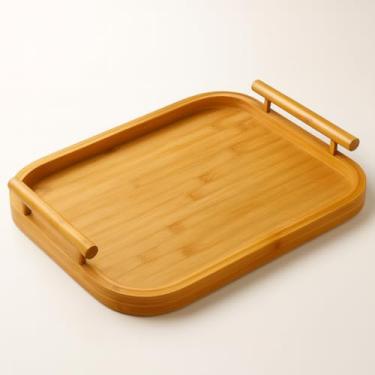 Imagem de Bandeja de Madeira Retangular Com Alças Laterais Para Servir Café da Manhã Refeições Mesa Posta Design Elegante