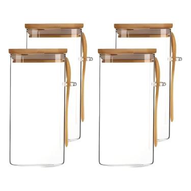 Imagem de Kit 4 Potes de Vidro Tampa Hermética de Bambu e Colher 1,3L