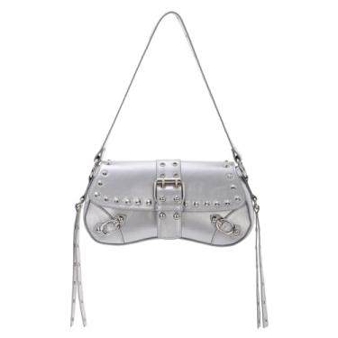 Imagem de Fecialy Bolsa de ombro feminina Y2k bolsa de mão com rebite punk cravejado bolsa de couro gótica moderna, Prata