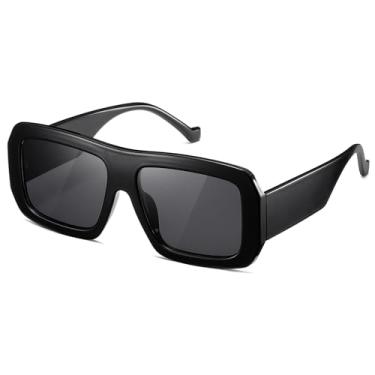 Imagem de Óculos de sol feminino masculino moderno retrô óculos de sol armação quadrada tamanho grande, Lente preta + cinza