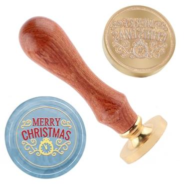 Imagem de Carimbo de lacre de cera de Natal Merry Christma carimbo de latão e uma alça de madeira para cartões de Natal, convites de festa, envelopes de cartas, cartões de felicitações, presentes