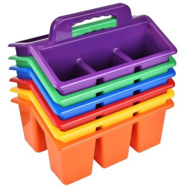 Imagem de Cesta de armazenamento para sala de aula com alça, pacote com 6 unidades de plástico, para artesanato, escritório, 4 compartimentos para crianças, lápis, giz de cera, marcador, material escolar, 6