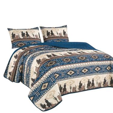 Imagem de WPM WORLD PRODUCTS MART Colcha de cama com estampa de caubói e deserto do sudoeste bege ocidental/azul marinho, 3 peças, tema oeste, cabana, rancho, conjunto de colcha - Kadence 22366 (azul-marinho