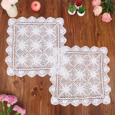 Imagem de kilofly Jogo americano feito à mão de crochê de renda para sofá, 2 peças, quadrado, branco, 49,8 cm