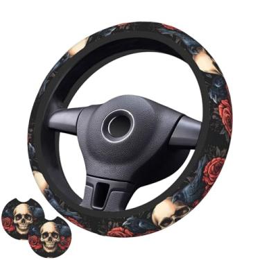 Imagem de Capa de volante de caveira de corvo e rosa com 2 porta-copos de carro antiderrapante de neoprene para mulheres e homens, conjunto universal de 38 cm, elegante e prático