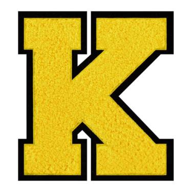 Imagem de 1 PÇ Patch de letra de chenille amarelo de 15 cm com borda preta – Adesivos do alfabeto para roupas, jaquetas, mochilas, chapéus para decoração personalizada, nome personalizado e artesanato. (K)