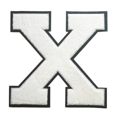 Imagem de 1 Patch de letra de chenille de ferro branco de 16,5 cm com borda preta – Remendos do alfabeto para roupas, jaquetas, mochilas, chapéus para decoração personalizada, nome personalizado e artesanato