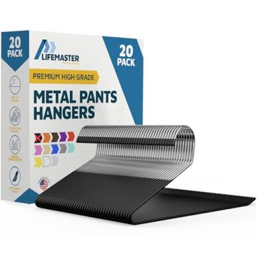 Imagem de Lifemaster Prestige Cabides antiderrapantes de metal de aço com revestimento de borracha – um conjunto de 20 cabides pretos resistentes e abertos para pendurar organizadamente em calças, jeans, calças