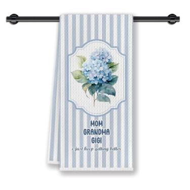 Imagem de CosxHabitat Gigi presentes para avó toalha de prato de cozinha, anúncio de bebê de gravidez para vovó, Gigi avó azul hortênsia toalhas de chá decorativas de mão para cozinha banheiro, 40,6 x 61