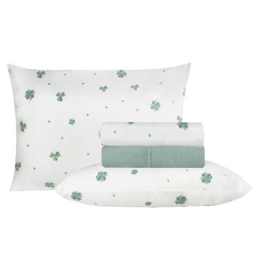 Imagem de Jogo de Cama Duplo Casal 4 Peças Percal 180 Fios Trevo da Sorte Sonhare Prata