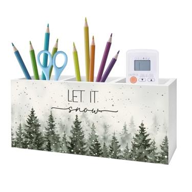 Imagem de Exqcom Let It Snow Porta-lápis de Natal para mesa, decoração de escritório de inverno, floresta de pinheiro, placa de bloco de madeira para decoração de casa, escritório, mesa, mesa