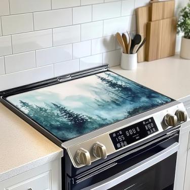 Imagem de Tampa superior de fogão de floresta enevoada para elétrico, capa de fogão de cerâmica de vidro, protetor de fogão plano resistente ao calor, tapetes de secagem de pratos para cozinha