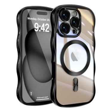 Imagem de UEEBAI Capa para iPhone 16 Pro, linda capa de celular magnética com moldura ondulada compatível com Magsafe capa de proteção completa para câmera macia galvanizada para mulheres e meninas - preta