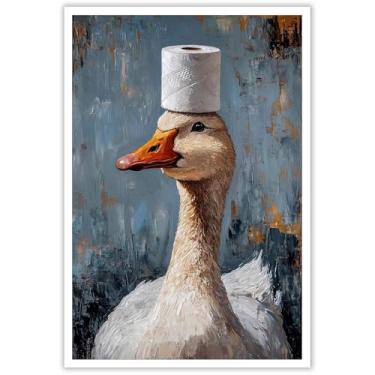 Imagem de Pato Cole moderno com um rolo de papel higiênico na cabeça pôsteres arte de parede em tela animal engraçado arte de parede criativa humorística impressão pintura para casa quarto dormitório decoração