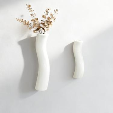 Imagem de DOCFLVAS Vaso de parede curva escandinava — Pacote com 2 vasos de cerâmica branca quente | Decoração de parede minimalista de curva suave para sala de estar e banheiro