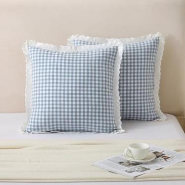 Imagem de Mywinlle Capas de almofada decorativas de renda xadrez azul para sofá, pacote com 2 fronhas vintage xadrez de algodão lavado guingão para cama, sofá, sala de estar - 50,8 cm x 50,8 cm