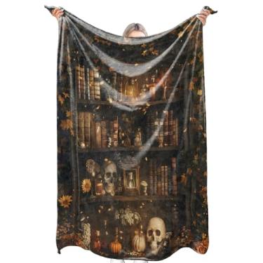 Imagem de zbezbe Cobertor gótico de flanela de caveira e livro escuro academia outono estante cobertor leve macio para festa, cadeira, cama, sofá, acampamento, viagem, decoração gótica descolada, presentes para