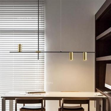 Imagem de Luminária pendente para mesa de jantar, preta e dourada, moderna, com design linear, lustre GU10/LED para sala de estar e jantar, estilo vintage (cúpula dourada, 3 lâmpadas, luz quente).