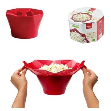 Imagem de Pipoqueira de Silicone para Micro-ondas, Balde Pipoca Vermelho, Sem Óleo, Formato Dobrável