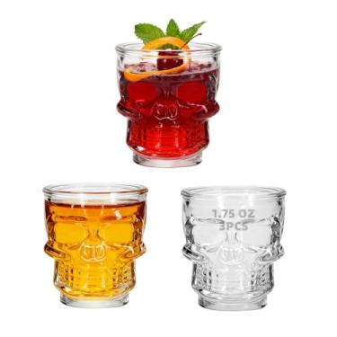 Imagem de REUJIHXY 3 peças de copo de shot de 50 ml, conjunto de copos de base pesada com cara de caveira, copo de uísque perfeito para degustação de vinho, tequila, atirador, despejador de coquetel, copos de