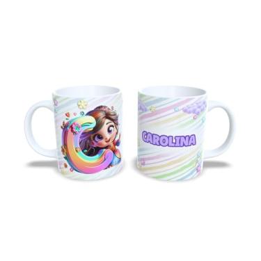 Imagem de Caneca de Cerâmica Branca Personalizada 325ml com Alfabeto Princesas, Nome Customizado e Letra Inicial Decorativa (c)