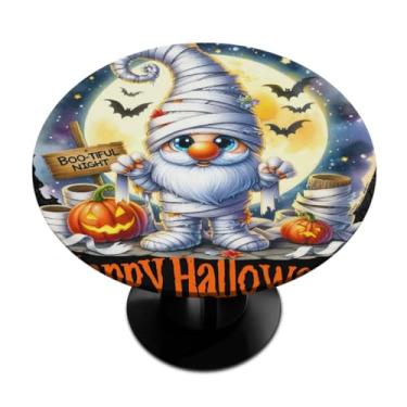 Imagem de hongjinglin Toalha de mesa redonda com borda elástica gnomo abóbora de Halloween toalha de mesa redonda limpa para ambientes internos e externos, pátio, jantar, cozinha, festival, decoração para mesas