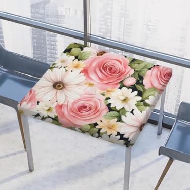 Imagem de hongjinglin Toalha de mesa quadrada para uso ao ar livre com borda elástica, toalha de mesa quadrada com flores limpáveis rosa e branco retrô para decoração de cozinha para mesas de 86 x 86 cm