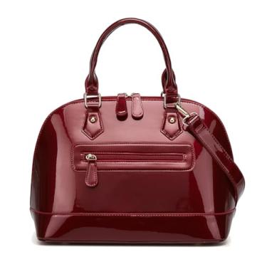 Imagem de Bolsa de couro envernizado, bolsa com zíper, bolsa de ombro com vários bolsos, bolsa de ombro grande brilhante com alça superior, Vinho tinto