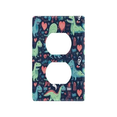 Imagem de Blueangle Placa de parede de tomada dupla de dinossauros coloridos de desenho animado, tamanho padrão, placas de cobertura de tomada elétrica de 1 gangue para decoração de quarto de escritório em casa
